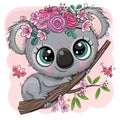 Koala with flowers on a tree on a pink background Royalty Free Stock Photo