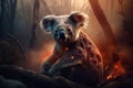 A koala is in a forest where a forest fire is burning. Wildlife Animals. Illustration, Generative AI