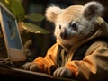 Koala freelancer busy with laptop and camera