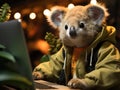 Koala freelancer busy with laptop and camera