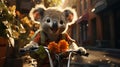 Koala have fun bicycle ride on sunshine day in summer. Generative AI.