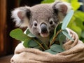 a koala holding a plant