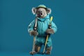 koala holding skis in a winter suit on a blue background, Generative AI