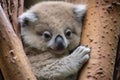 koala joey clinging to its mothers back on a eucalyptus tree Royalty Free Stock Photo