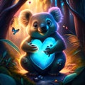 Koala Joey hugging heart Cute cartoon koala in the forest with a heart in his hands AI Generated animal ai Royalty Free Stock Photo