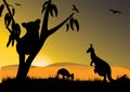 Silhouette of a koala and a two kangaroo