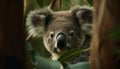 Koala marsupial with furry, tree, outdoors, nature, close up, looking generated by AI