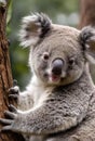 a koala marsupial perched on a tree trunk