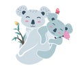 Koala mom on a eucalyptus branch with a baby on her back with a flower in her hands and butterflies. Koala bear character with cub Royalty Free Stock Photo