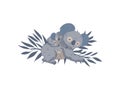 Koala mother with baby on back lying on branches of eucalyptus tree. Australian bears. Wild animals. Vector design