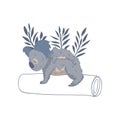 Koala mother with baby on back standing on tree trunk. Adorable marsupial animal. Wild Australian bear. Vector design