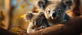 Koala mother and her baby on a branch in the autumn forest