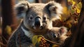 Koala mother with her baby on eucalyptus background