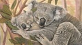 Koala mother and her baby sleeping on the eucalyptus tree. Royalty Free Stock Photo