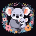 koala mom hugging her baby koala in floral wreath against black background, watercolor illustration. Concept: wildlife Royalty Free Stock Photo