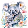 koala mother hugging her baby koala in flowers against white background, watercolor illustration. Concept: wildlife Royalty Free Stock Photo