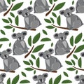 Koala pattern. Seamless animals with plant leaves on branches. Print a vector illustration. Cute little characters among Royalty Free Stock Photo