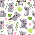 Koala pattern. Seamless bear animals with plant leaves and branches. Print vector illustration