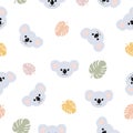 Koala pattern seamless vector background. Cute koala print with monstera leaves