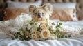 Koala peeking out from a bridal bouquet on a bed. Studio pet portrait with wedding flowers Royalty Free Stock Photo