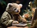 Koala freelancer busy with laptop and camera