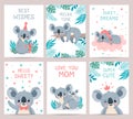 Koala posters and cards. Prints with cute sleeping koalas. Australian baby bear hugs mother. Party invitation with Royalty Free Stock Photo