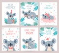 Koala posters and cards. Prints with cute sleeping koalas. Australian baby bear hugs mother. Party invitation with jungle animal, Royalty Free Stock Photo