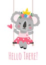 A koala princess with a crown,flowers,dress sits on a swing and says hello.Illustration for a card,invitation,posters Royalty Free Stock Photo