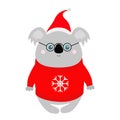 Koala in red Santa hat, ugly sweater, glasses. Merry christmas. Kawaii animal. Cute cartoon bear baby character. Funny face. New