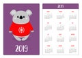 Koala in red ugly christmas sweater with snowflake. Simple pocket calendar layout 2019 new year. Week starts Sunday. Cartoon