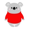 Koala in red ugly sweater. Merry Christmas. Kawaii animal. Cute cartoon bear baby character. Funny face. Happy New Year. Greeting