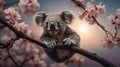 Adorable Koala Bear Hanging on Cherry Blossom Branch at Sunset Royalty Free Stock Photo