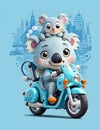 Koala riding on sports motor cycle in the city with kawaii face, illustration, funny style