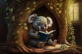 Koala sits in a tree house and reads a book AI generated Content