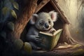 Koala sits in a tree house and reads a book AI generated Content