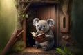 Koala sits in a tree house and reads a book AI generated Content