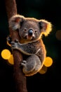 koala sitting on tree branch, showcasing its adorable features and fluffy fur, surrounded by soft, blurred background of warm Royalty Free Stock Photo