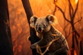 Koala sitting on the tree in front of a forest fire