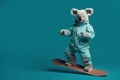 koala on a snowboard in a winter suit on a blue background, Generative AI