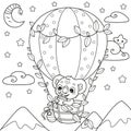 Koala drinks tea and fly in hot air balloon coloring page for kids