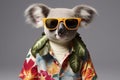 a koala wearing a hawaiian shirt and sunglasses with leaves on it\'s head and a flower on its collar, with a grey background Royalty Free Stock Photo