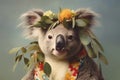 a koala wearing a hawaiian shirt and sunglasses with leaves on it\'s head and a flower on its collar, with a grey background Royalty Free Stock Photo