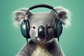 Koala Wearing Headphones on Green Background, Generative AI