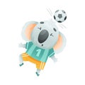 Koala wild animal playing soccer. Cute football mascot in sports uniform with ball cartoon vector illustration