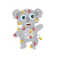 Koala wombat in garland new year cute funny autralian smiling big eyes dancing waving paw. flat vector illustration Royalty Free Stock Photo