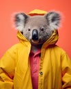 Koala in yellow jacket, pink shirt, A fashion-forward koala. Concept: animal anthropomorphism