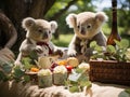 Koalas having picnic under tree