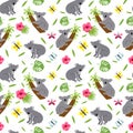 Koalas seamless pattern. Australian animal background. Wild koala bear and leaves vector seamless texture. Koala on a