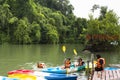 Koaw-Hua-Tag,October-20-2016,Travelers with a canoe and child swimming and Koaw-Hua-Tag view of Trang province of Southern