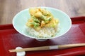 Kobashira no kakiage donburi, rice bowl with trough shell adductor muscles tempura